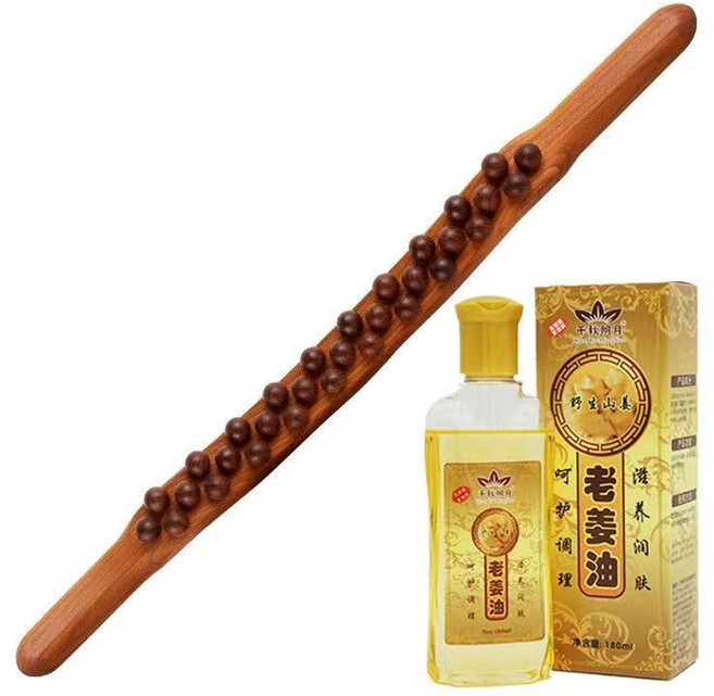三排31珠擀筋棒 全身通用八珠養生按摩棒 櫸木刮痧棒 推背趕筋棒, 擀筋棒用的老姜油180ml