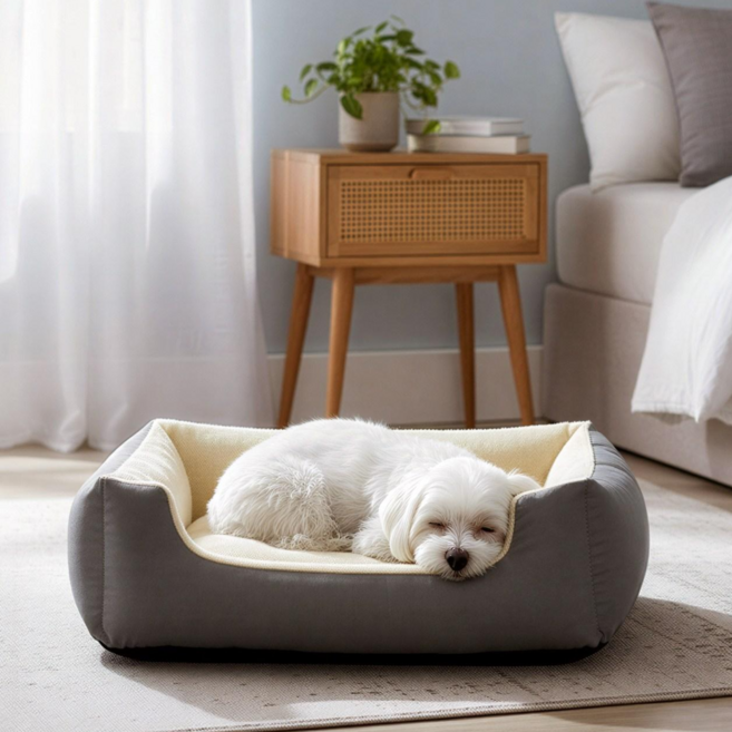 FEANDREA 반려동물 꿀잠 푹신한 통세탁 사계절 양면 미끄러움방지 강아지 고양이 방석, 1개, 다크 그레이+베이지