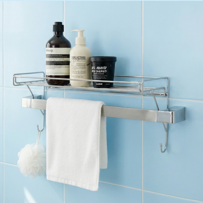 제이엘 길이조절 수건걸이 선반 무타공 스텐 304 욕실 수건 선반 거치대, 단일옵션, 1개