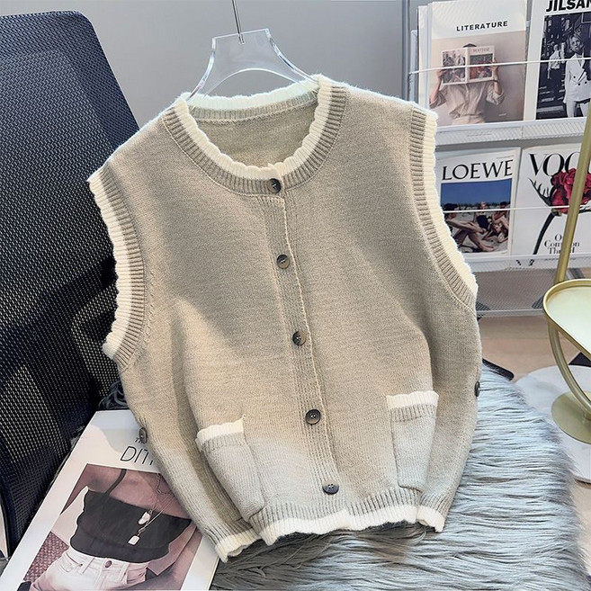 COSYEVNO 여성 니트 조끼 봄 가을 루즈핏 빈티지 패션 라운드 포켓 배색 조끼 lyjzzmj-13