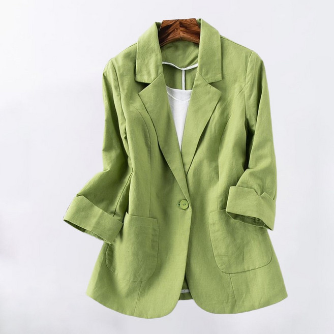 ROYALBELLE 여성 린넨 혼방 카라 슬림핏 자켓 7부 소매 가벼운 캐주얼 정장 자켓 F0042611