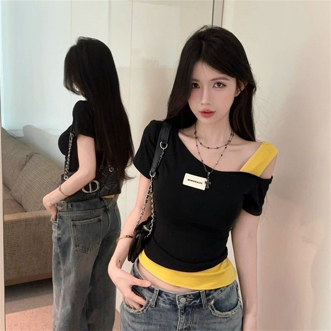 besteffie 여성용 패션 슬림핏 오프숄더 티셔츠 여름 반팔티셔츠 이너 크롭반팔티 K71