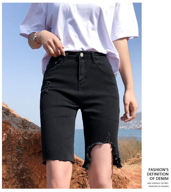 서진맘 여성 슬림핏 5부 일자 찢김 스판 데님 반바지