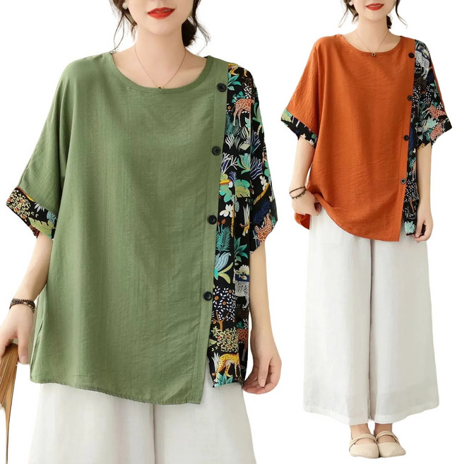 자칠 여성용 빈티지 캐주얼 프린팅 반팔 티셔츠 빅사이즈 DC-031901