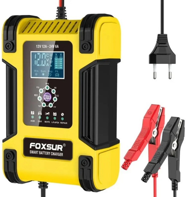 밸류킹 FOXSUR 퍽셔 3세대 자동차 오토바이 배터리충전기 7단계 스마트 충전 재생 12V12A 24V6A 노랑(Yellow), 1개, 17cm