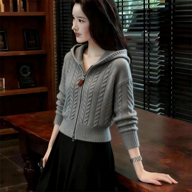 AOKADA 여성 봄 가을 꽈배기 후드 니트 집업 가디건 크롭 카디건