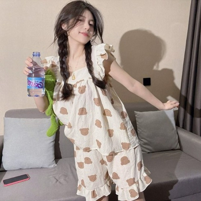 FOOI 러블리 여성 여름잠옷 상하의 세트 반팔 파자마 홈웨어 시원한 잠옷