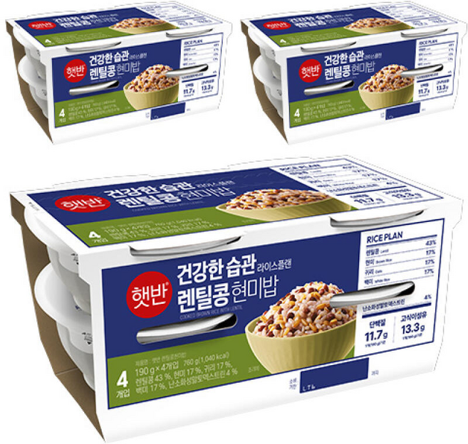 CJ 햇반 렌틸콩현미밥 760g(190g 4입) 3개 (총 12개), 190g