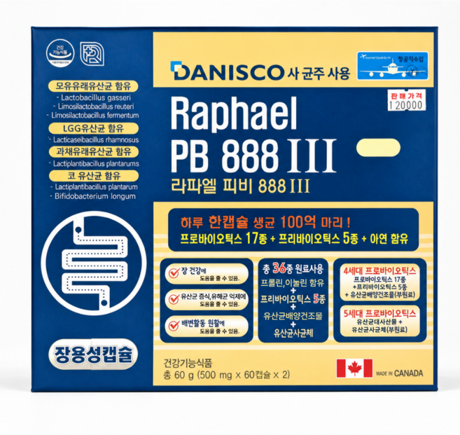 라파엘 PB 888 3 120정 피비 888 5세대 프로바이오틱스 한캡슐 생균 100억 CFU 프리바이오틱스, 1개