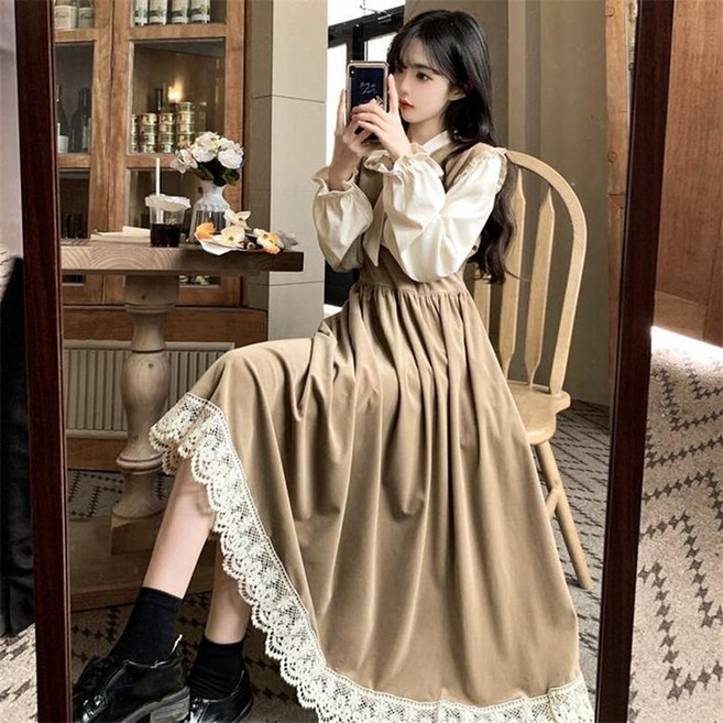 빅사이즈 공주풍 경성시대 원피스 개화기의상 벨벳 골덴, 애프리콧