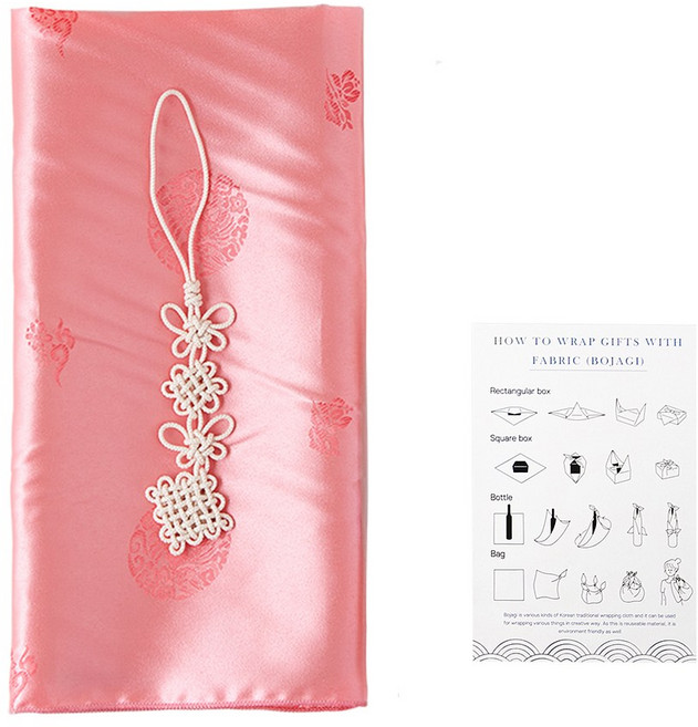 명절 선물 와인 포장 양단보자기+노리개 세트 (매듭법안내지+투명고무줄), 2장, 핑크+매듭노리개set