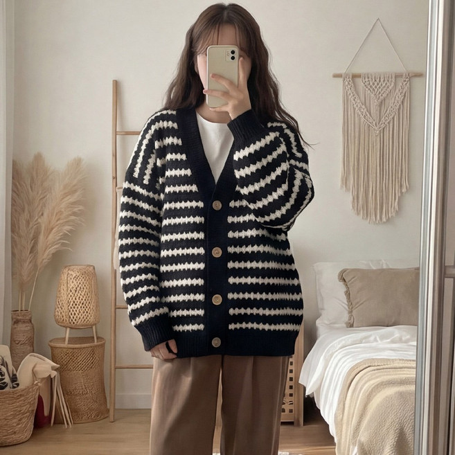 츠미코 J162-5 여성 오버핏 스트라이프 아크릴 가디건