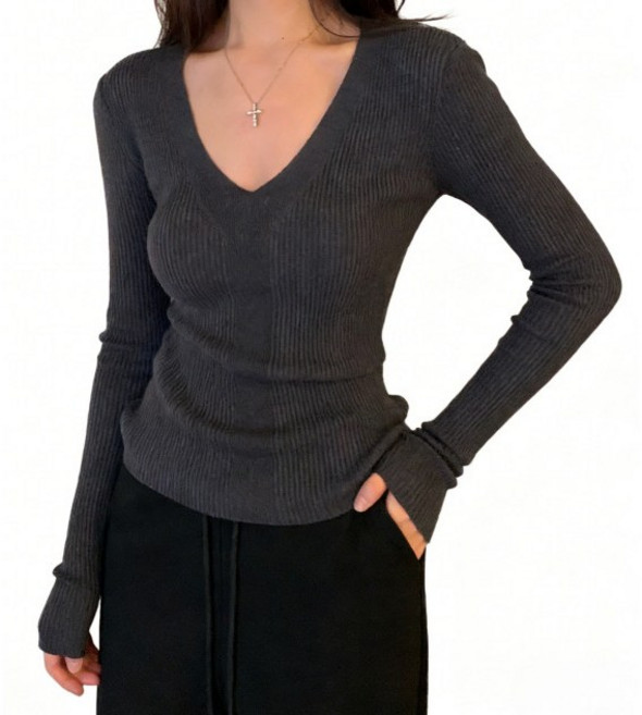 메페니 여성 데일리 브이넥 긴팔니트 스웨터