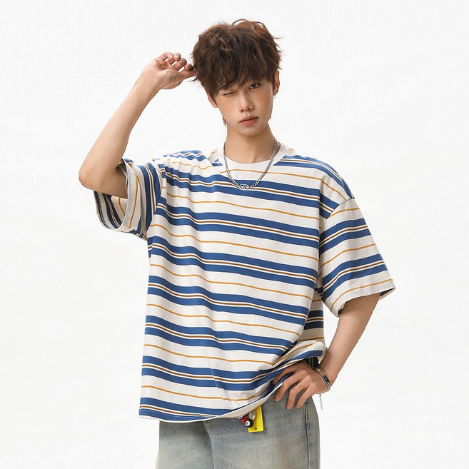 유루 남성용 세미오버핏 단가라 스트라이프 반팔 티셔츠 / OT7286