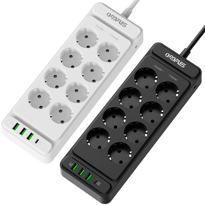 ORDFLES USB 멀티탭 3A+1C PD20W 4000W 고용량 과부하차단, 8구 화이트, 1개, 2m