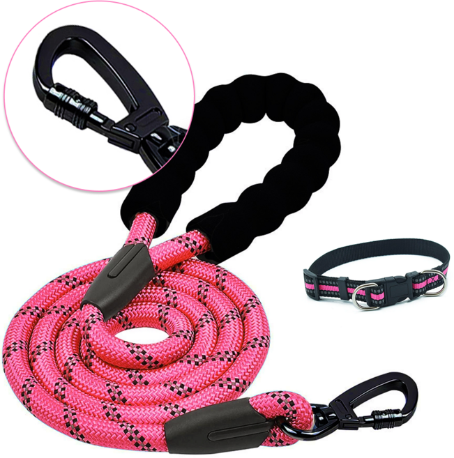 [애견 목줄 + 리드줄 세트] 고급 잠금 후크 고리 반려동물 애견 반려견 리드줄 목줄 세트 강아지 산책줄 중형견 대형견, 핑크(2m), 1세트