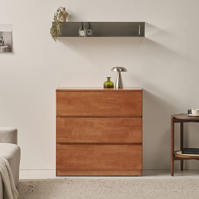 라자가구 슬로우드 고무나무 원목 와이드 3단 서랍장, 월넛