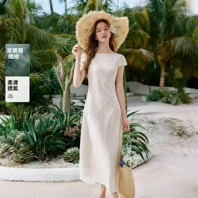 女款長洋裝 圓領 收腰 法式, 白色,M