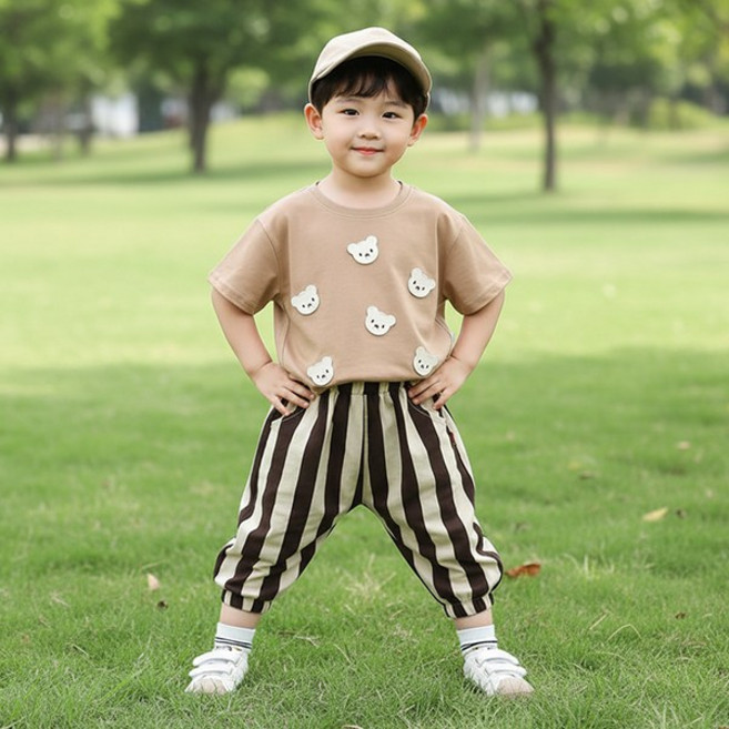 몽실이 곰장식 반팔상하복 아동 반팔 상하세트 유아 여름 상하복 키즈 트레이닝 상하복 스트라이프 데일리 키즈코디 키즈세트