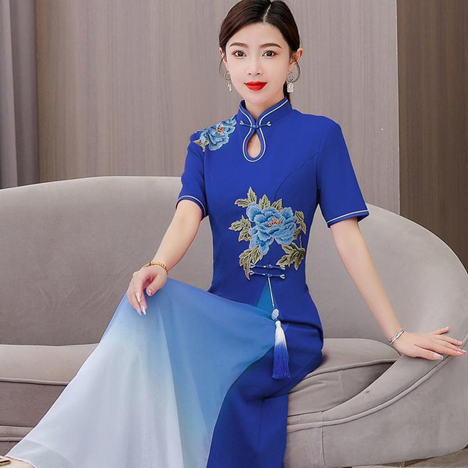 長款旗袍 春夏高級感舞臺演出服, 藍色,2XL 建議62.5-67.5公斤