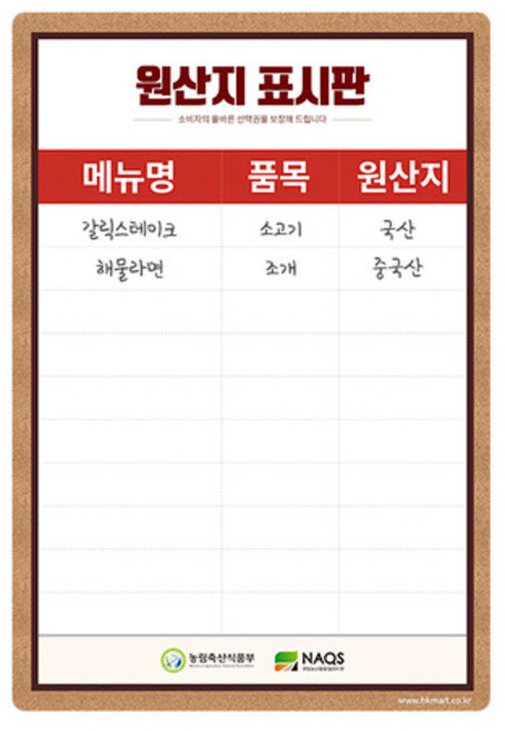 HK 방수재질 B원산지 표시판 A3 1Set(5개)