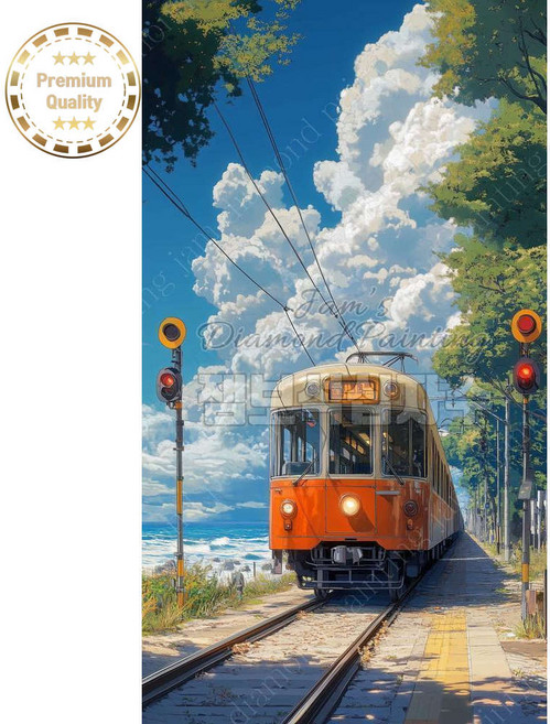 잼보석십자수 바다 근처의 주황 열차 대형 비즈, 40x60 /이미지크기 30x50 cm, 1개