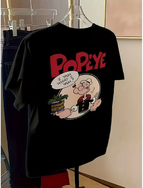 여성 Y2K 복고풍 뽀빠이 만화 T-셔츠-흰색 느슨한 짧은 소매 재킷 통기성 패브릭 봄과 여름 캐주얼 패션 디자인 의류 관리