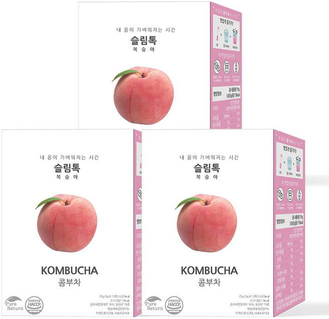 퓨어리턴 슬림톡 콤부차 복숭아 15포 유산균 사과초모식초, 5g, 15개입, 3개
