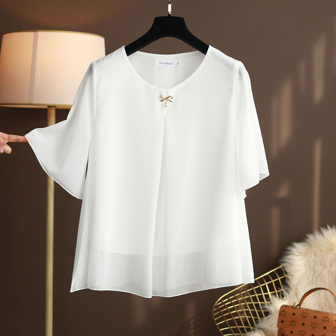 ROYALBELLE 여성 중년 라운드넥 플리츠 빅사이즈 5부소매 쉬폰 블라우스 K0012243