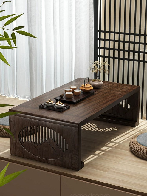 다다미 테이블 일본식 코타츠 좌탁 엔틱 책상 거실 원색 창가 좌식 다도 가정용 찻집 카페 다도상 전통, 코튼 린넨 브라운 원목 4다리