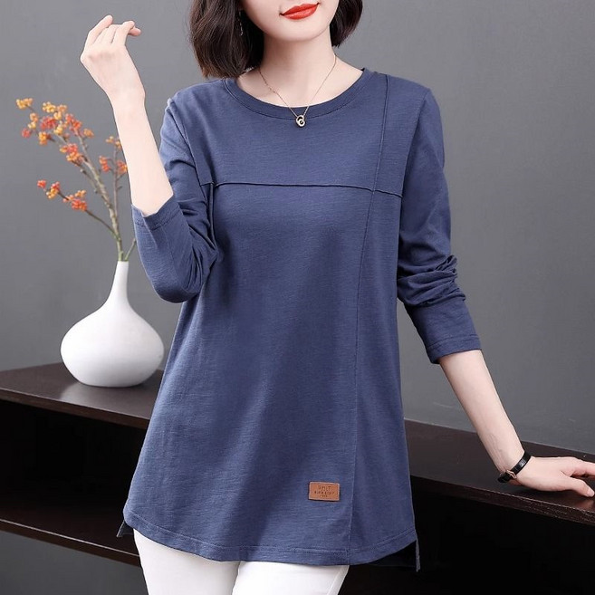 AOKADA 중년 여성 라운드 오버핏 긴팔 티셔츠 봄 가을 롱 긴팔티