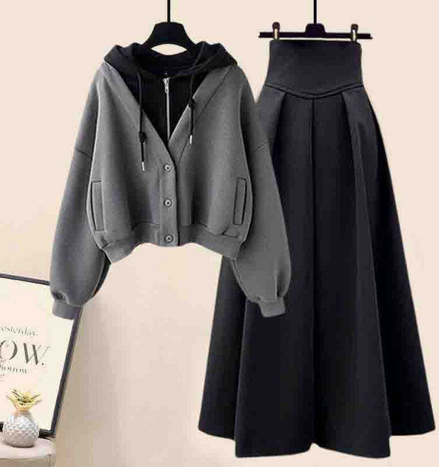 AOUGK 여성 후드 맨투맨 스커트 투피스 루즈핏 후드티 가을 겨울 빅사이즈 상하세트
