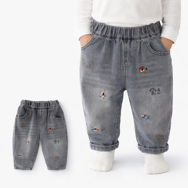 유아 아동 청바지 강아지 자수 데님팬츠 밴딩허리 배기핏 키즈 남아 여아 공용바지