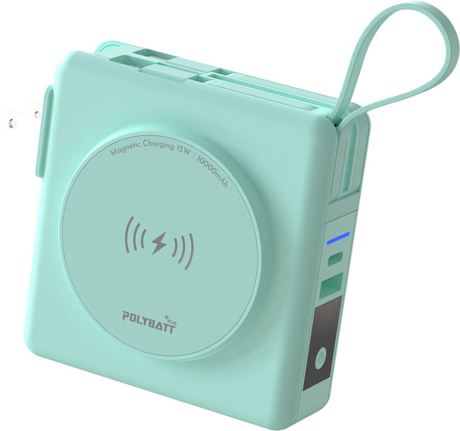 磁吸 10000mAh PD快充 自帶線 BSMI認證 綠色, POLYBATT 22W 多合一行動電源