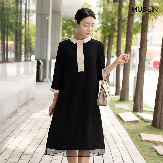 모슬린 엄마옷 배색 카라 원피스 MQG126041 마담 미시 중년여성 빅사이즈 할머니옷 50대 60대 70대