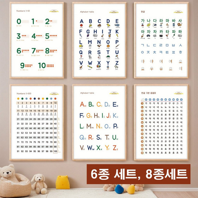 다라온 양면 활용가능한 아기벽보 한글공부 유아포스터, 2단계: 한글+숫자+알파벳+구구단 4종세트