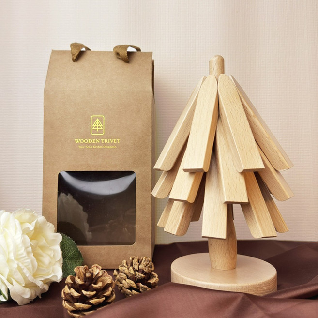 집똑똑이 공간절약 각진 트리형 원목 냄비받침, 우드, 1개
