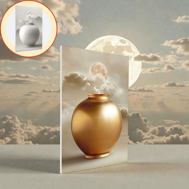 원포인트샵 국산 달항아리액자 황금 백자 아크릴 돈들어오는 풍수 인테리어 집들이 개업선물, 골드