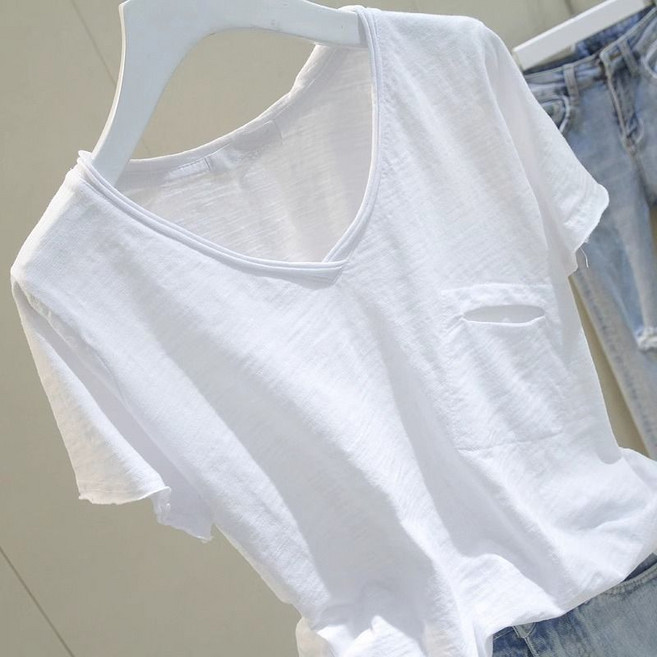 해피유통여성 여름 순면 V넥 반팔 티셔츠 심플 포켓 디자인K03