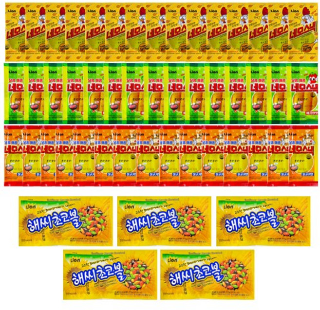 라이온제과 네모스낵3종(불고기맛15봉+치킨맛15봉+매콤한맛15봉)+해씨초코볼5봉, 1세트, 720g