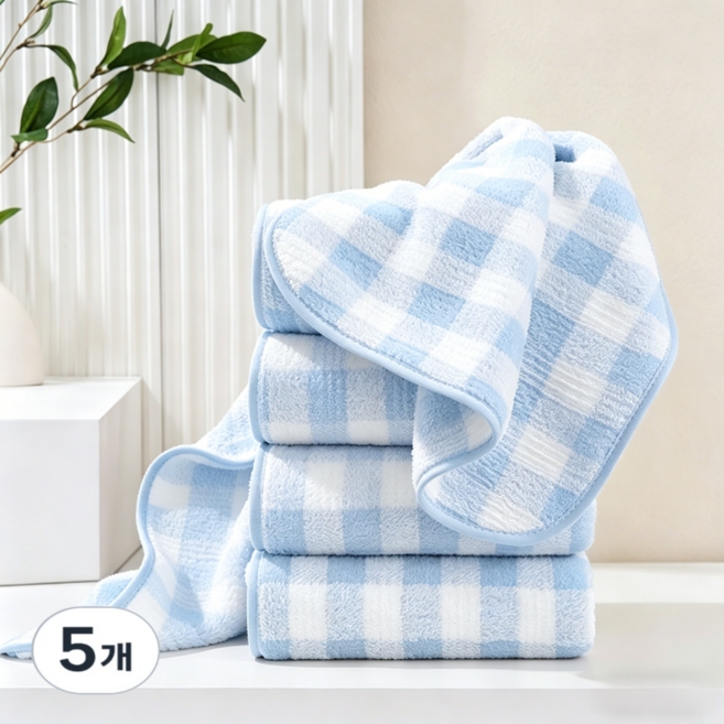 호텔수건 고급 부드러운 먼지없는 수건 데일리 세면 타월 세트 선물용, 푸른색, 5개