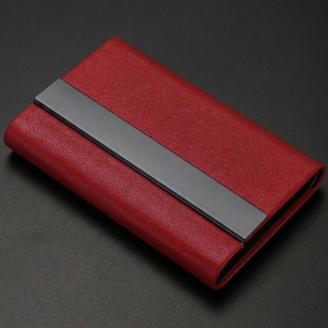 심플리 메탈 가죽 명함케이스, 1개, 레드가죽+블랙메탈