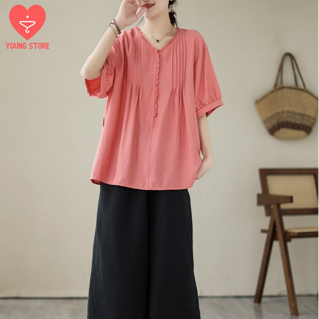 [영스토어 정품] 여성 인견 주름 분홍색 블라우스 반팔 엄마옷 빅사이즈