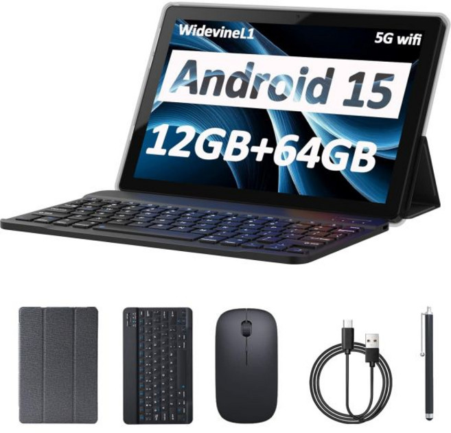 태블릿 안드로이드 15 10인치 12GB 램+64GB 저장공간1TB 확장 가능 2in1 키보드 케이스 마우스 스타일러스 포함 1.8GHz 쿼드코어 프로세서 1280800 IPS, CUPEISI 12GB+64GB 검정