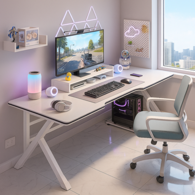 소프트엣지 철제 컴퓨터 게이밍 책상, 화이트