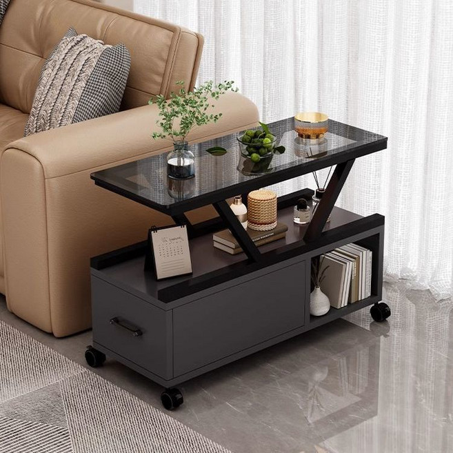 이동식 유리 사이드 테이블 가정용 거실 럭셔리 티 테이블 편리한 수납장, 블랙*30CM