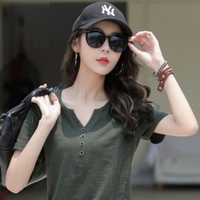 언헤브 여성용 단색 브이넥 반팔