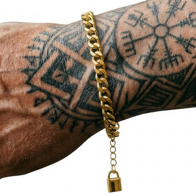 [18K 금도금] 미국 아마존 스테디셀러 르포렘 남자 써지컬스틸 체인 팔찌 18K 골드도금 6mm 피가로 쿠반 커브링크 헤링본 굵은 우정 커플