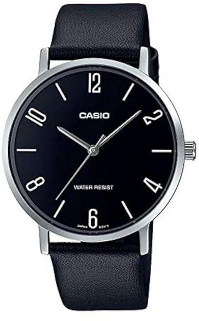 카시오 Casio MTP-VT01L-1B2 남자 남성 미니멀리스트 블랙 다이얼 가죽 밴드 아날로그 시계