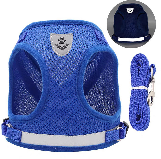 강아지 야간 빛 반사 하네스 + 리드줄 세트, 1개, 블루